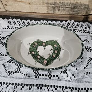 Ceramic Heart Wreath Serving Bowl - White and Green